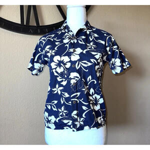 Hilo Hattie The Hawiian Original Floral Shirt Womens Small Blue Short Sleeve
